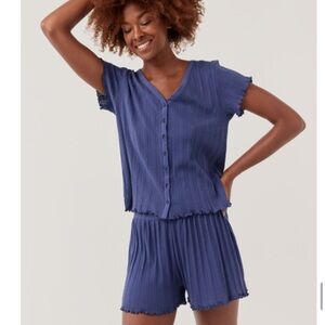 Blue Ribbed Button-Up Top and Shorts Set